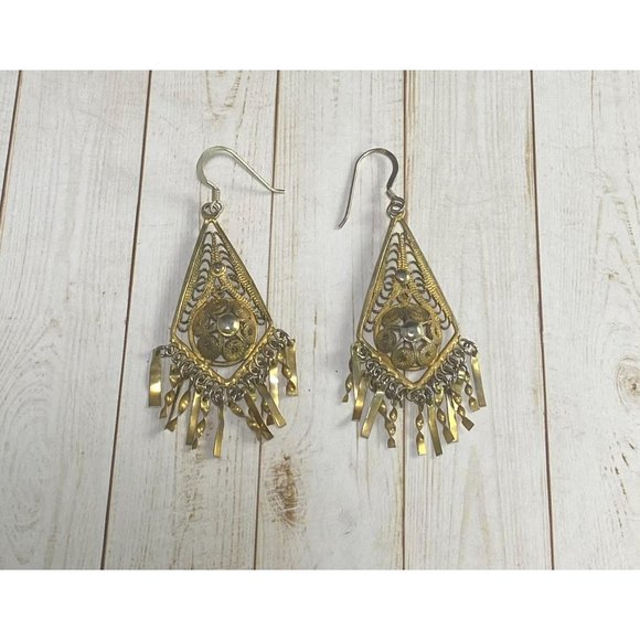 Vintage Victorian Filigree Dangle Earrings Vermeil Tone 925 Hooks - Picture 5 of 7